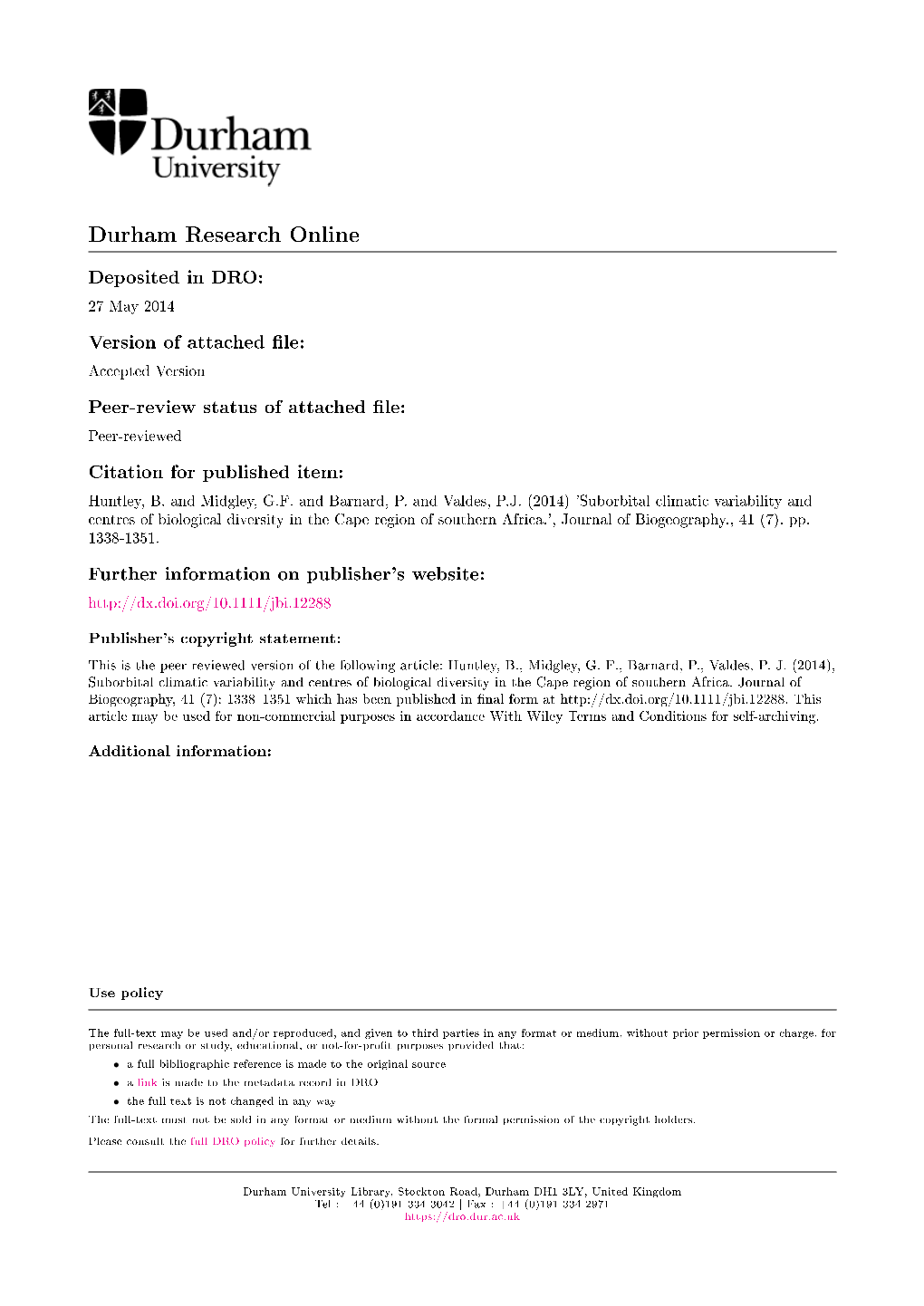 Sub-Orbital Climatic Variability and Centres of Biological Diversity In