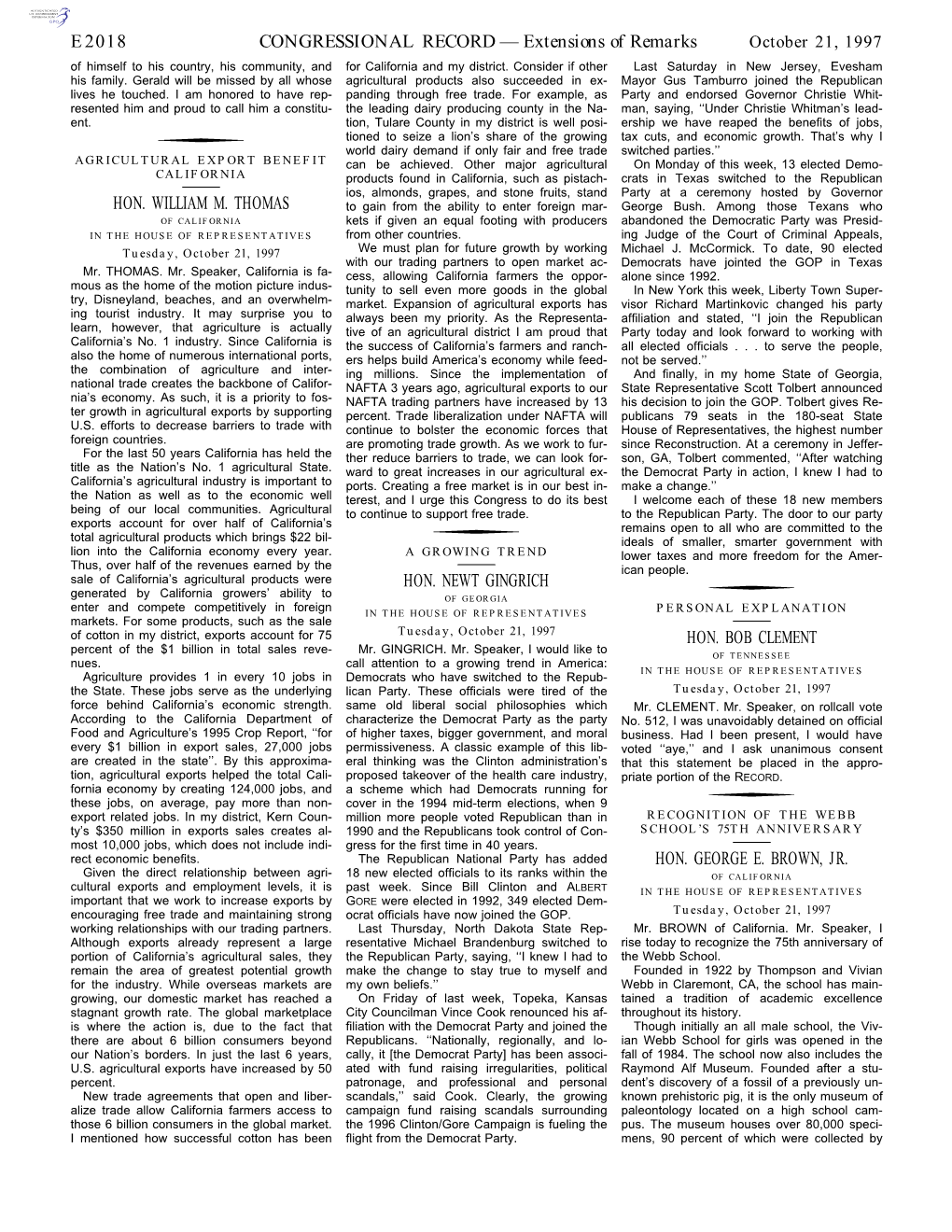 CONGRESSIONAL RECORD— Extensions of Remarks E2018 HON. WILLIAM M. THOMAS HON. NEWT GINGRICH HON. BOB CLEMENT HON. GEORGE E. BR