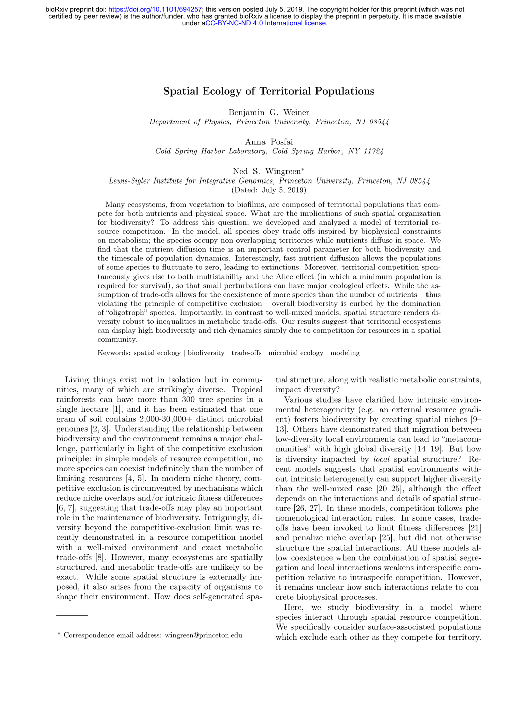 Spatial Ecology of Territorial Populations