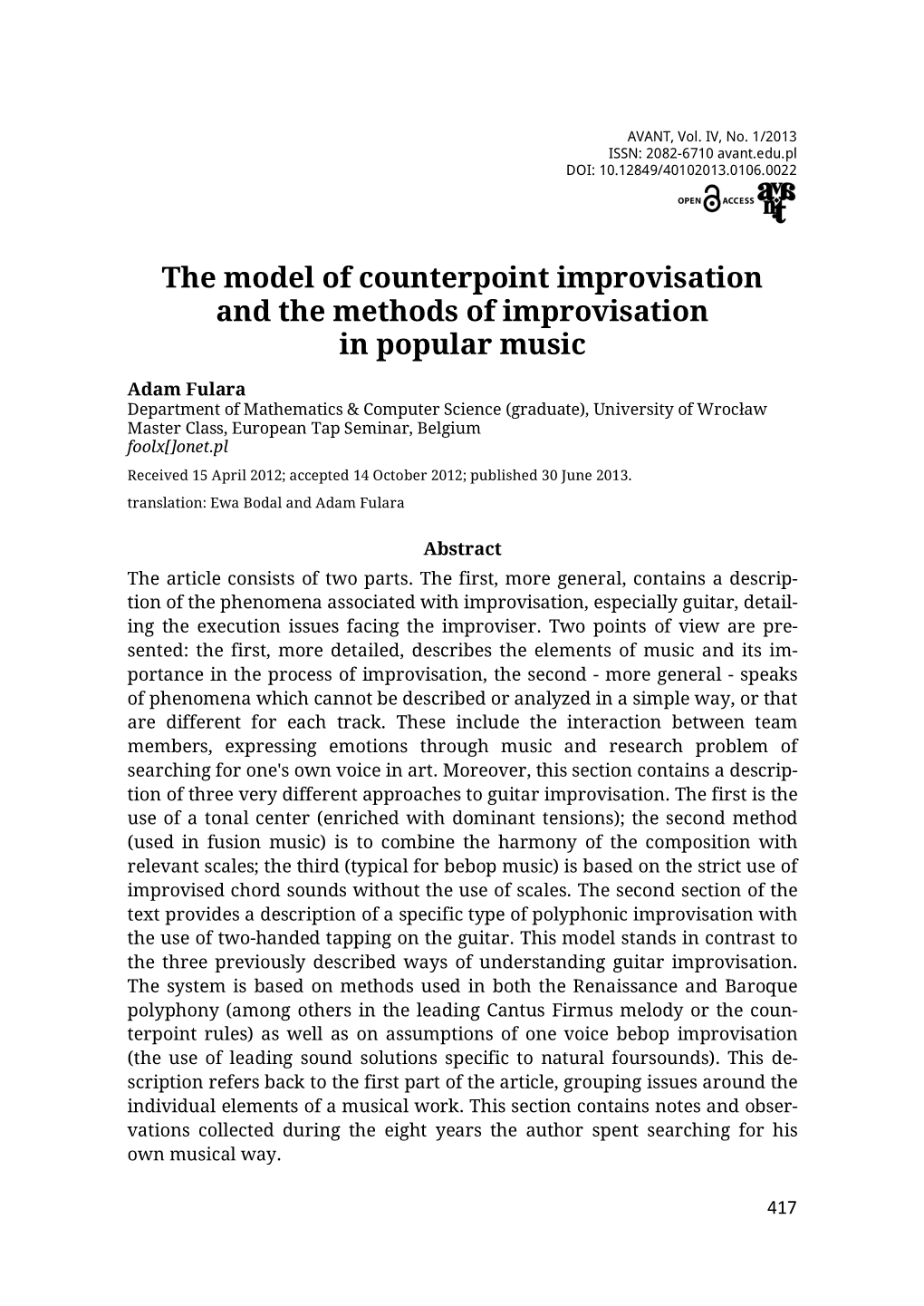 The Model of Counterpoint Improvisation and the Methods of Improvisation in Popular Music