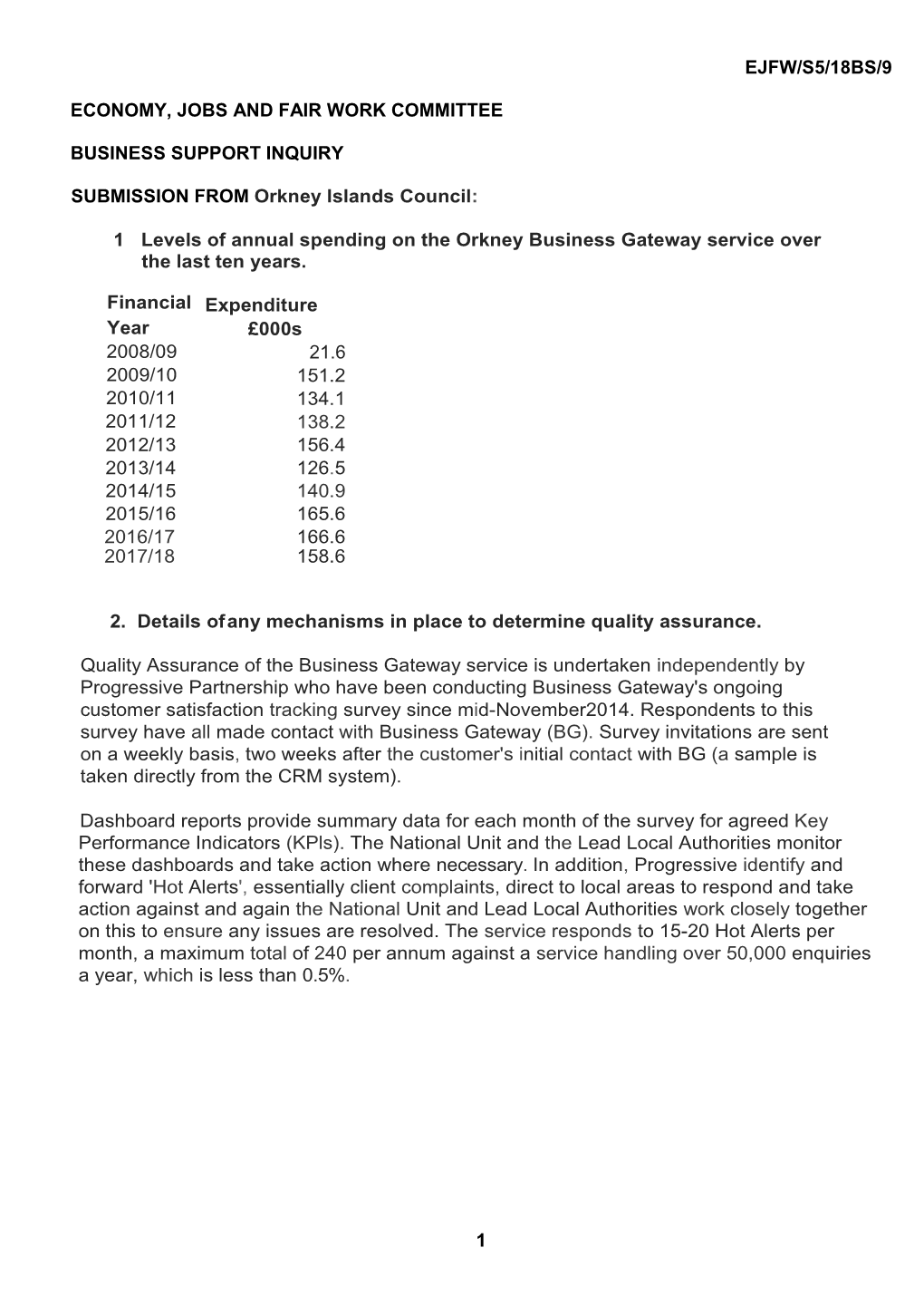 EJFW/S5/18BS/9 1 ECONOMY, JOBS and FAIR WORK COMMITTEE BUSINESS SUPPORT INQUIRY SUBMISSION from Orkney Islands Council: 1 Levels