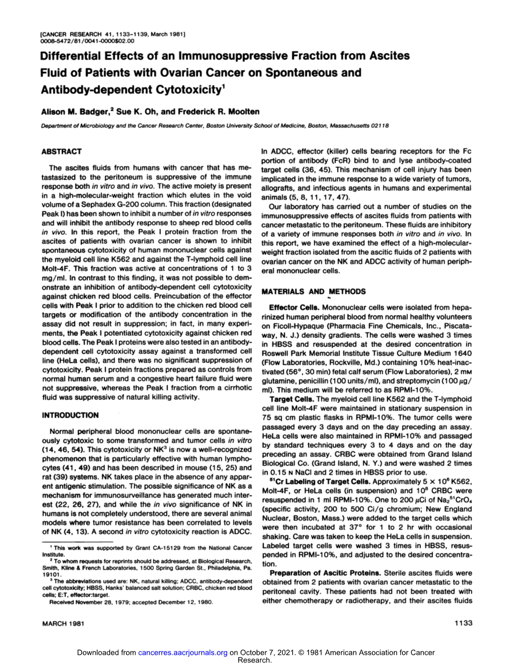 Differential Effects of an Immunosuppressive Fraction from Ascites Fluid of Patients with Ovarian Cancer on Spontaneous and Antibody-Dependent Cytotoxicity1