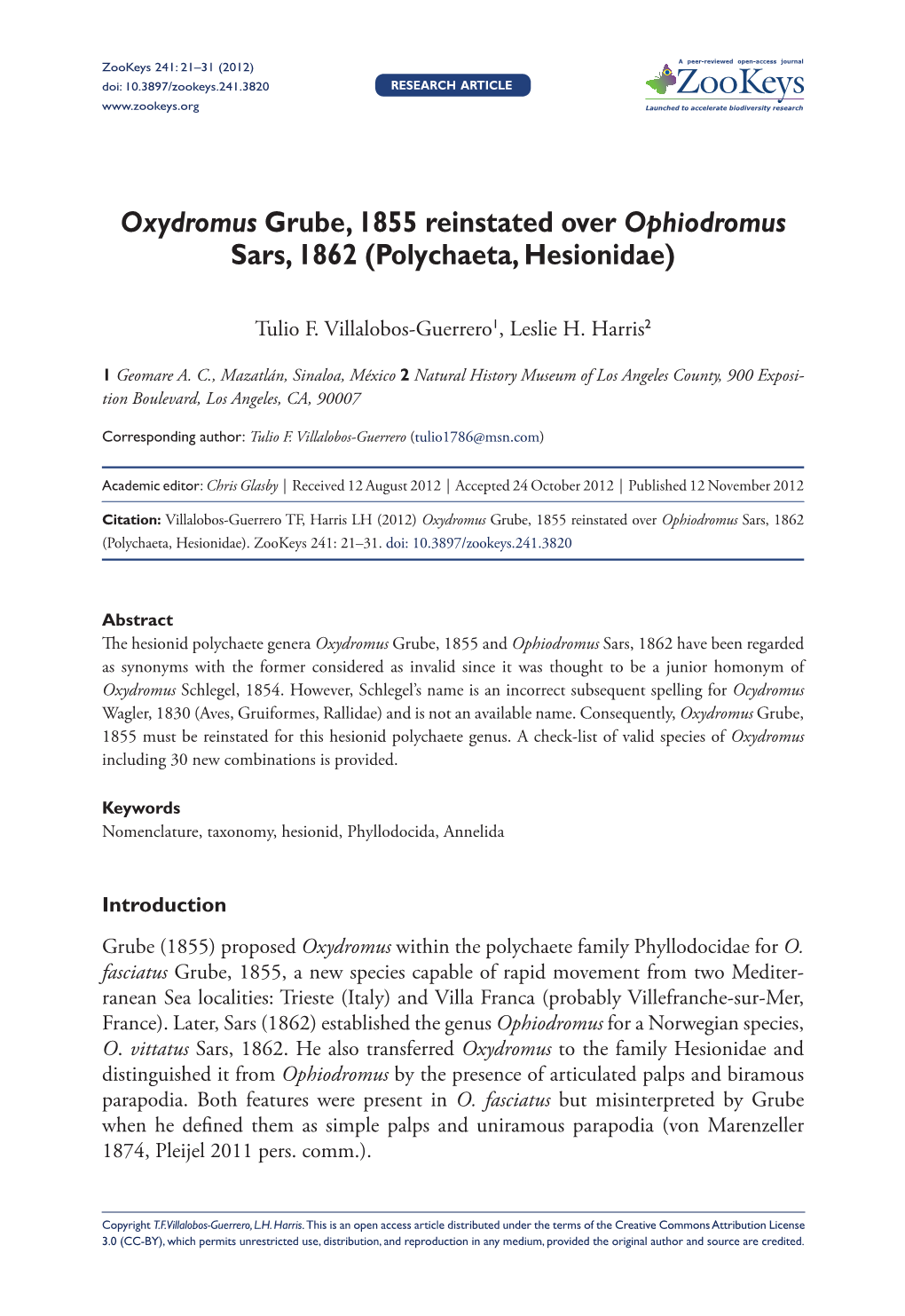 Polychaeta, Hesionidae) 21 Doi: 10.3897/Zookeys.241.3820 Research Article Launched to Accelerate Biodiversity Research