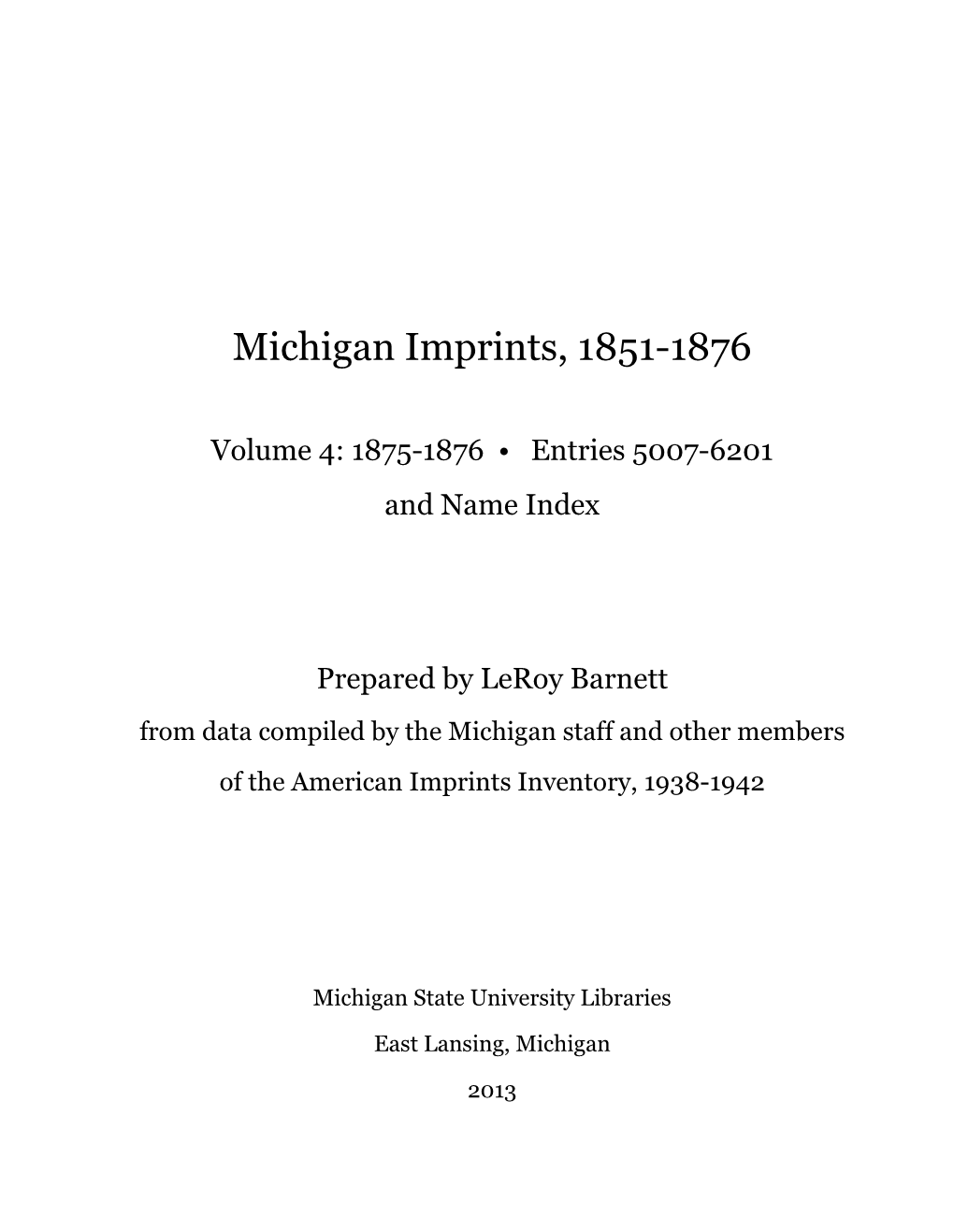 Michigan Imprints, 1851-1876