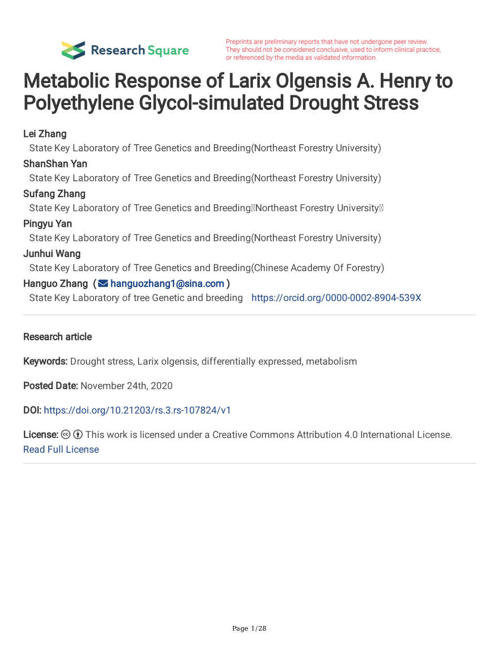 Metabolic Response of Larix Olgensis A. Henry to Polyethylene Glycol-Simulated Drought Stress