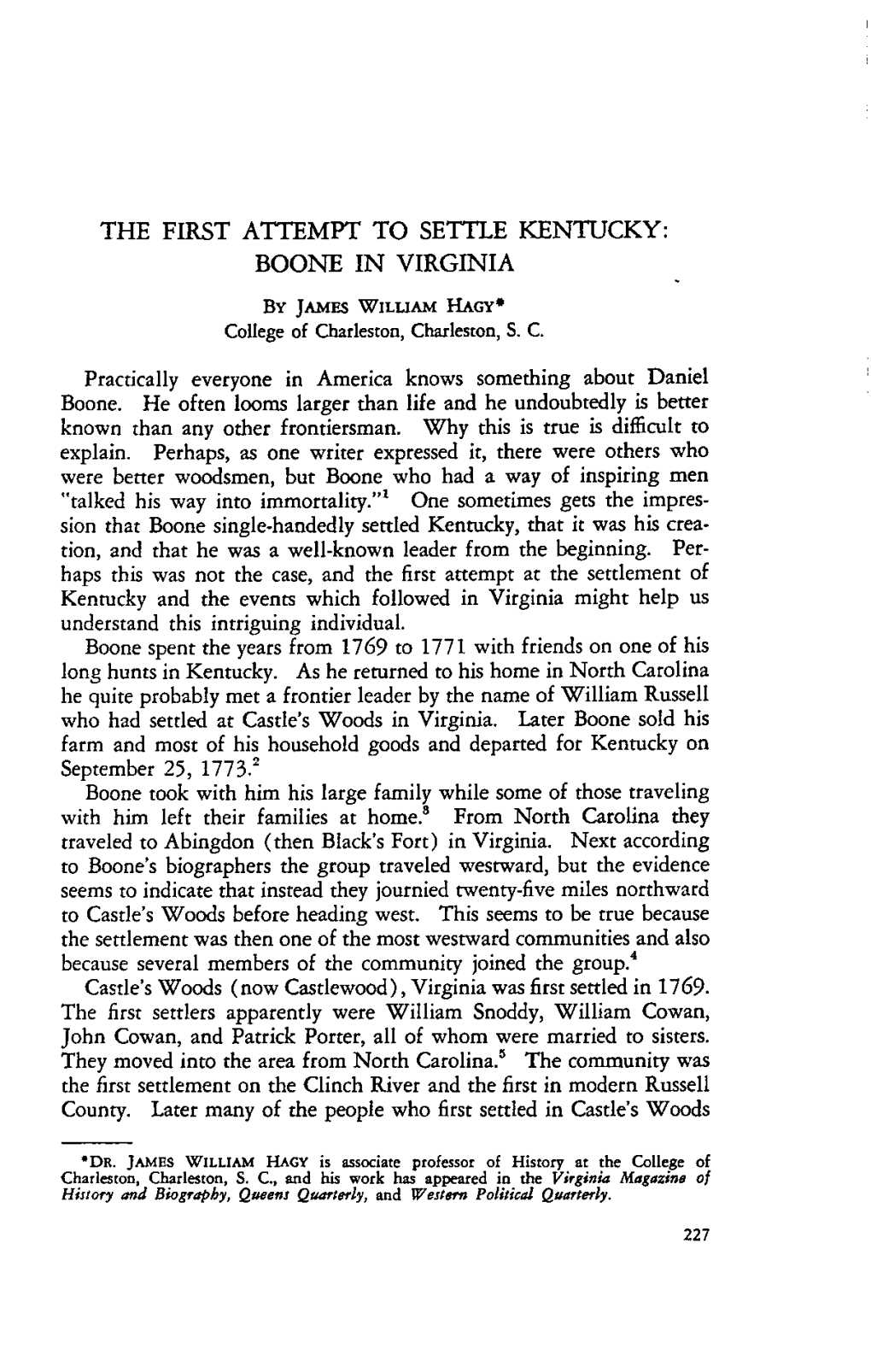 The First Attempt to Settle Kentucky: Boone in Virginia