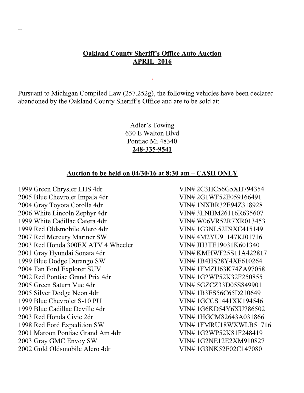 + Oakland County Sheriff's Office Auto Auction