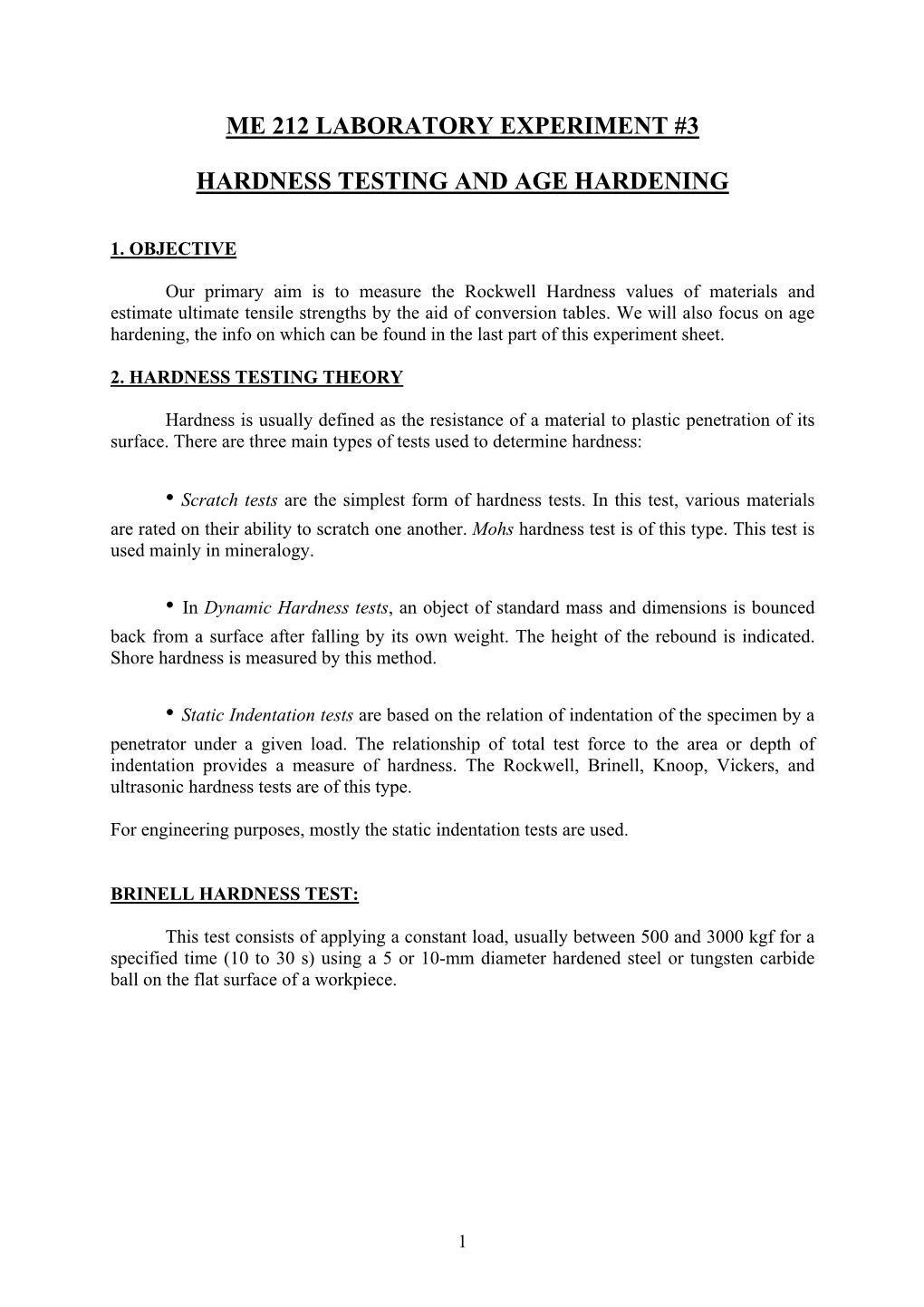 Me 212 Laboratory Experiment #3 Hardness Testing And