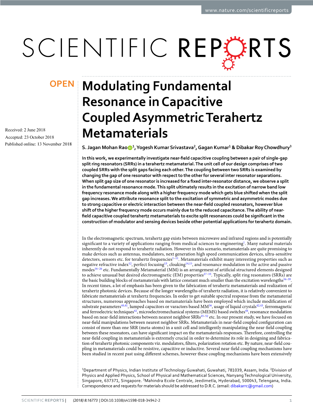 Modulating Fundamental Resonance in Capacitive Coupled Asymmetric Terahertz Received: 2 June 2018 Accepted: 23 October 2018 Metamaterials Published: Xx Xx Xxxx S