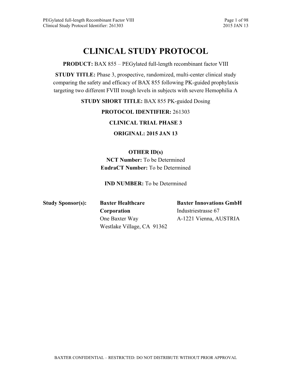 Clinical Study Protocol Identifier: 261303 2015 JAN 13