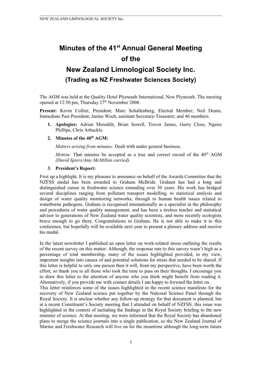 Minutes of Executive Meeting of NZFSS