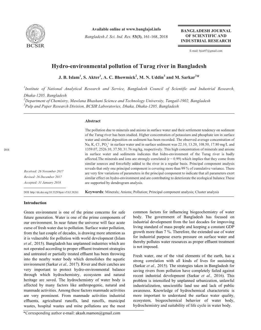 Hydro-Environmental Pollution of Turag River in Bangladesh