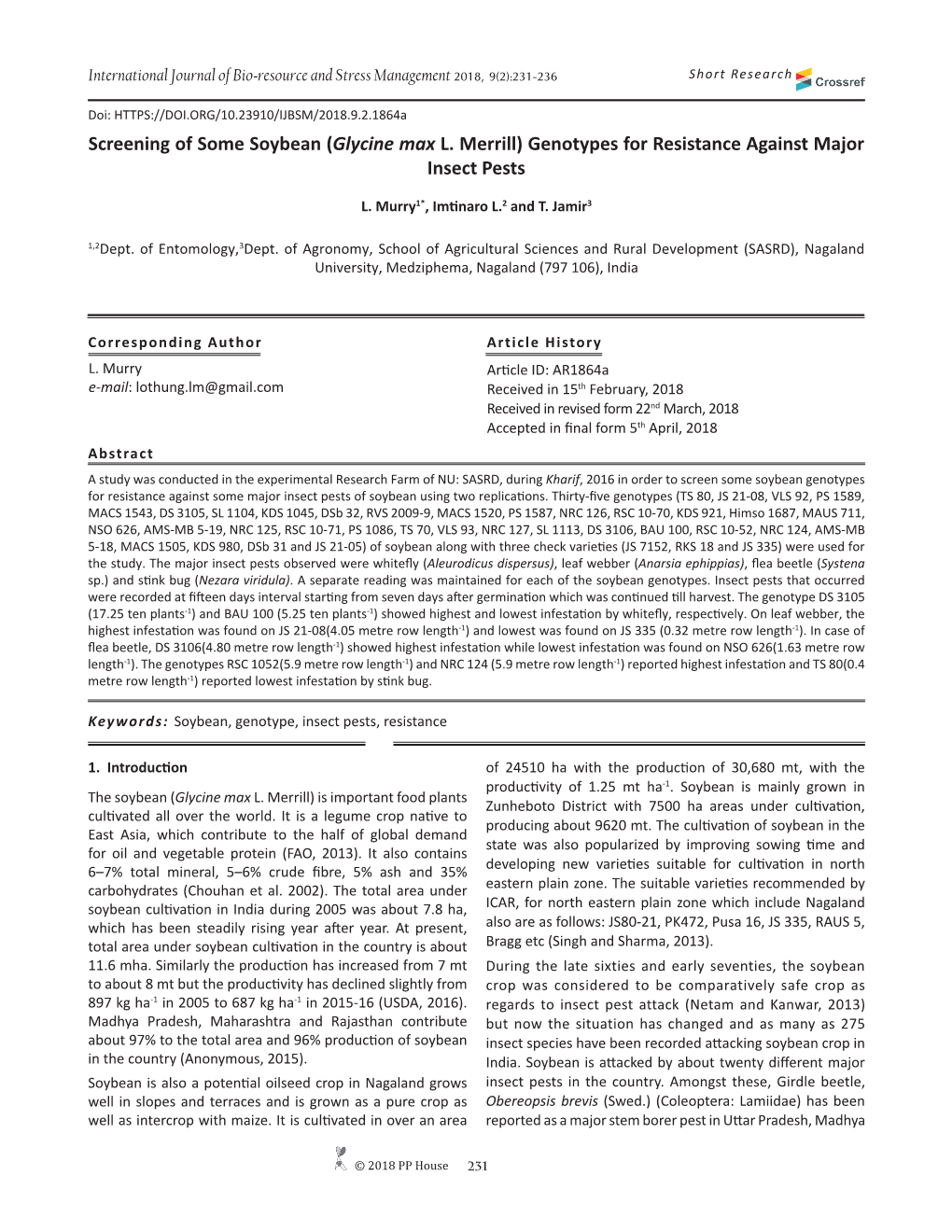 Screening of Some Soybean (Glycine Max L. Merrill) Genotypes for Resistance Against Major Insect Pests