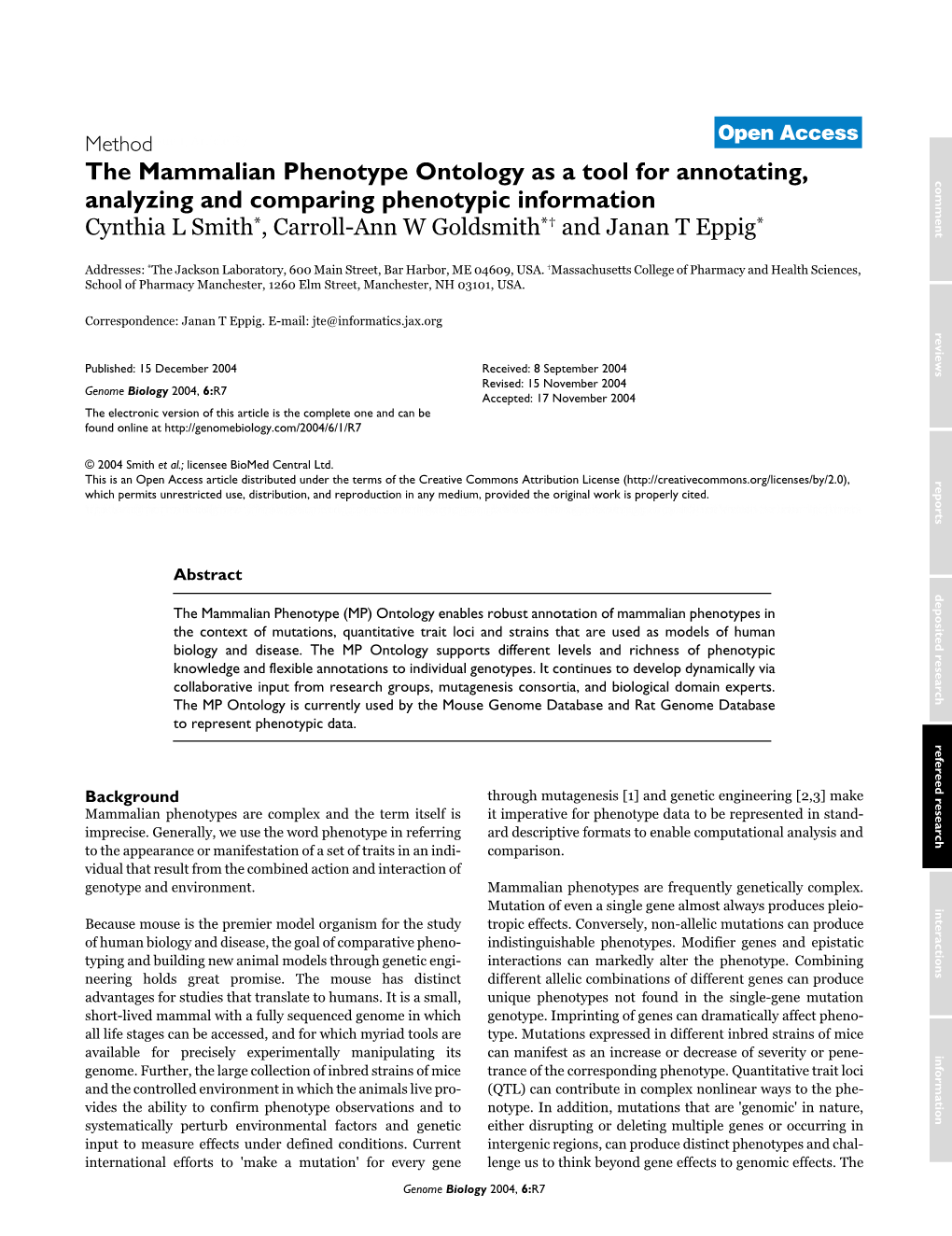 The Mammalian Phenotype Ontology As a Tool for Annotating, Analyzing and Comparing Phenotypic Information