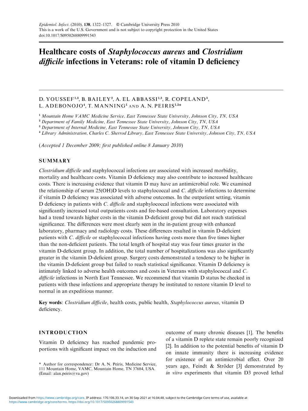 Healthcare Costs of Staphylococcus Aureus and Clostridium Difficile