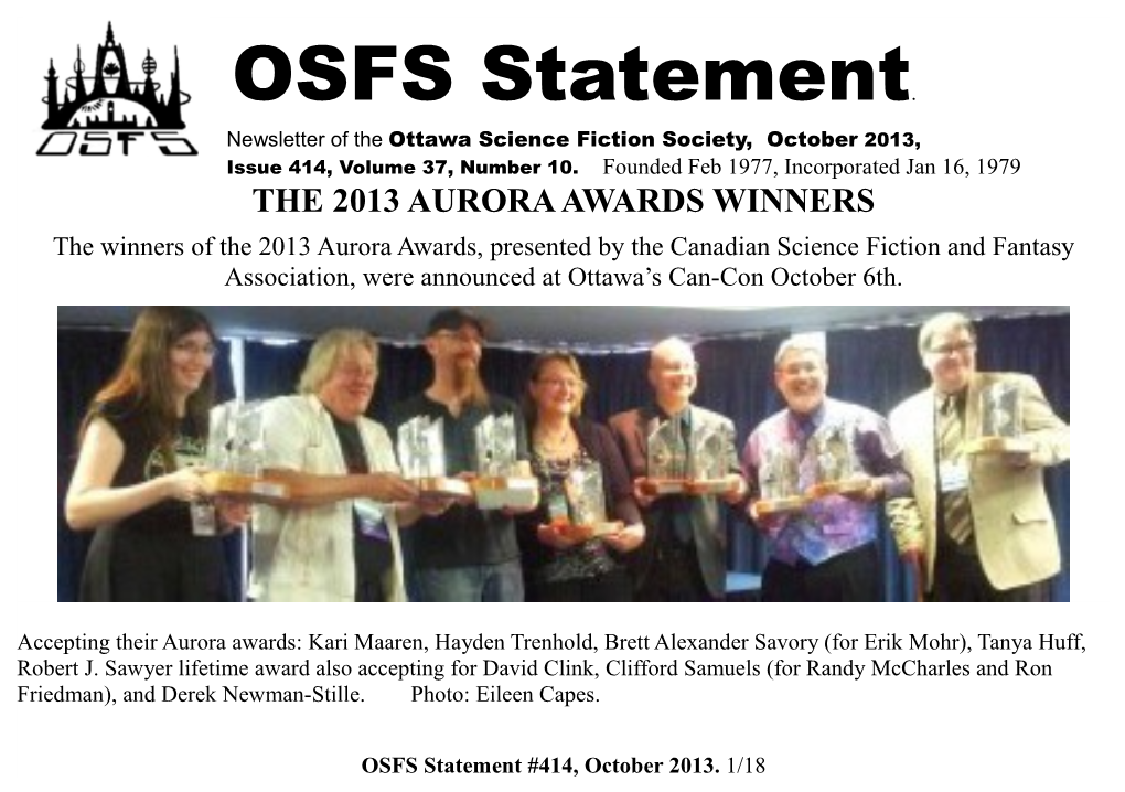 OSFS Statement. Newsletter of the Ottawa Science Fiction Society, October 2013, Issue 414, Volume 37, Number 10