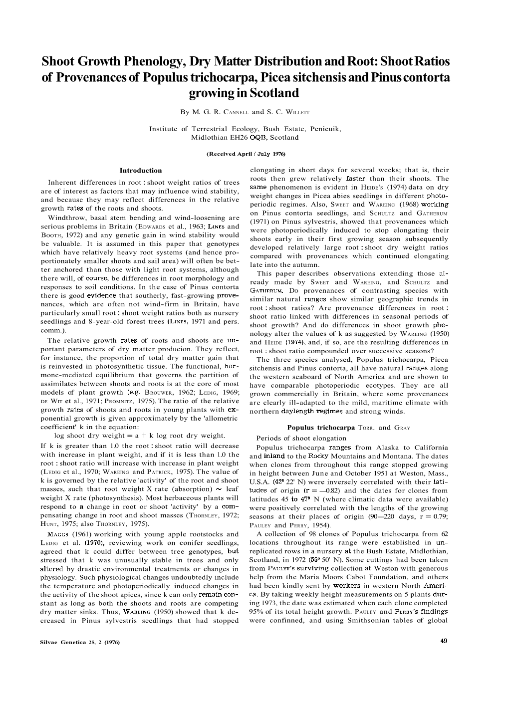 Shoot Growth Phenology, Dry Matter Distribution and Root: Shoot Ratios of Provenances of Populus Trichocarpa, Picea Sitchensis and Pinus Contorta Growing in Scotland