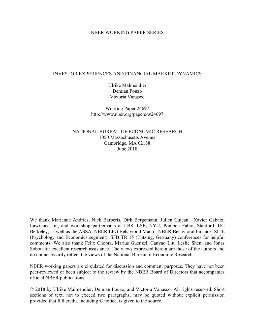 Nber Working Paper Series Investor Experiences And