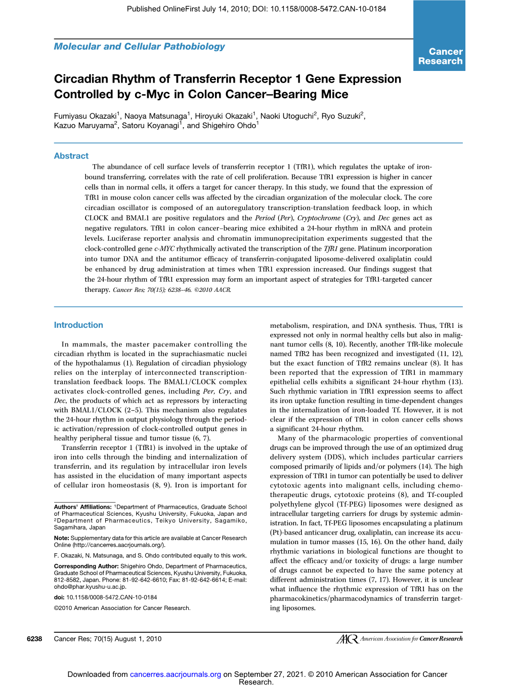 Circadian Rhythm of Transferrin Receptor 1 Gene Expression Controlled by C-Myc in Colon Cancer–Bearing Mice