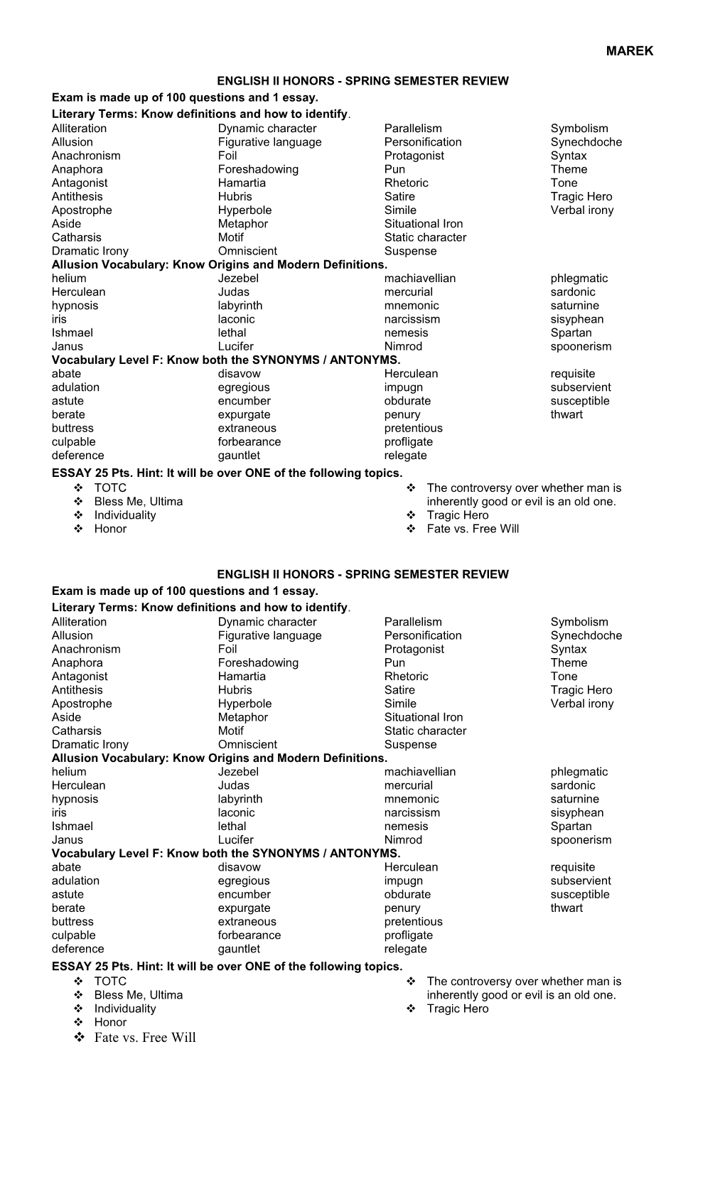 English Ii Honors - Spring Semester Review