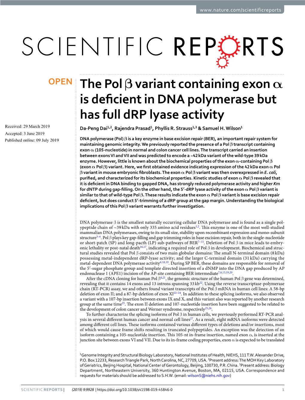 The Pol Β Variant Containing Exon Α Is Deficient in DNA Polymerase But