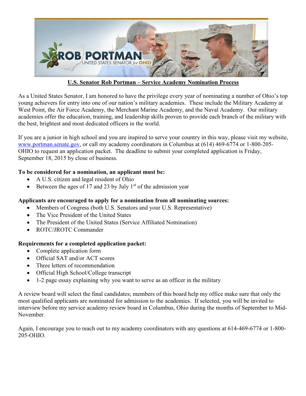 U.S. Senator Rob Portman – Service Academy Nomination Process As A