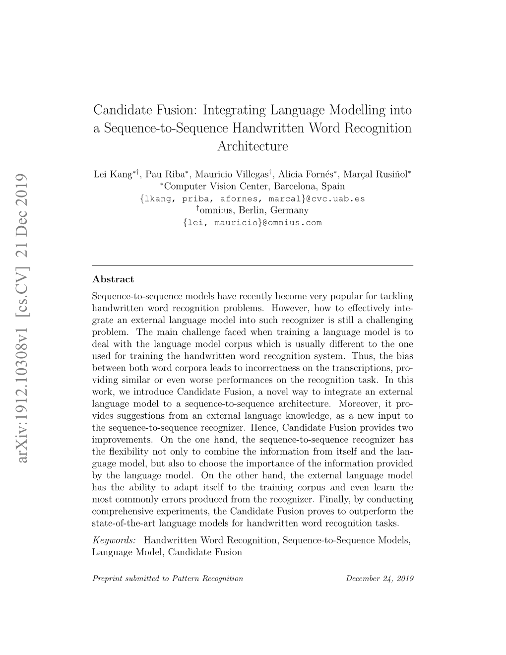 Candidate Fusion: Integrating Language Modelling Into a Sequence-To-Sequence Handwritten Word Recognition Architecture