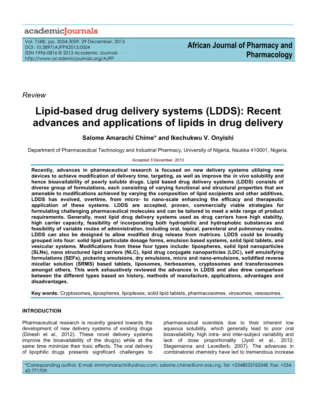 (LDDS): Recent Advances and Applications of Lipids in Drug Delivery