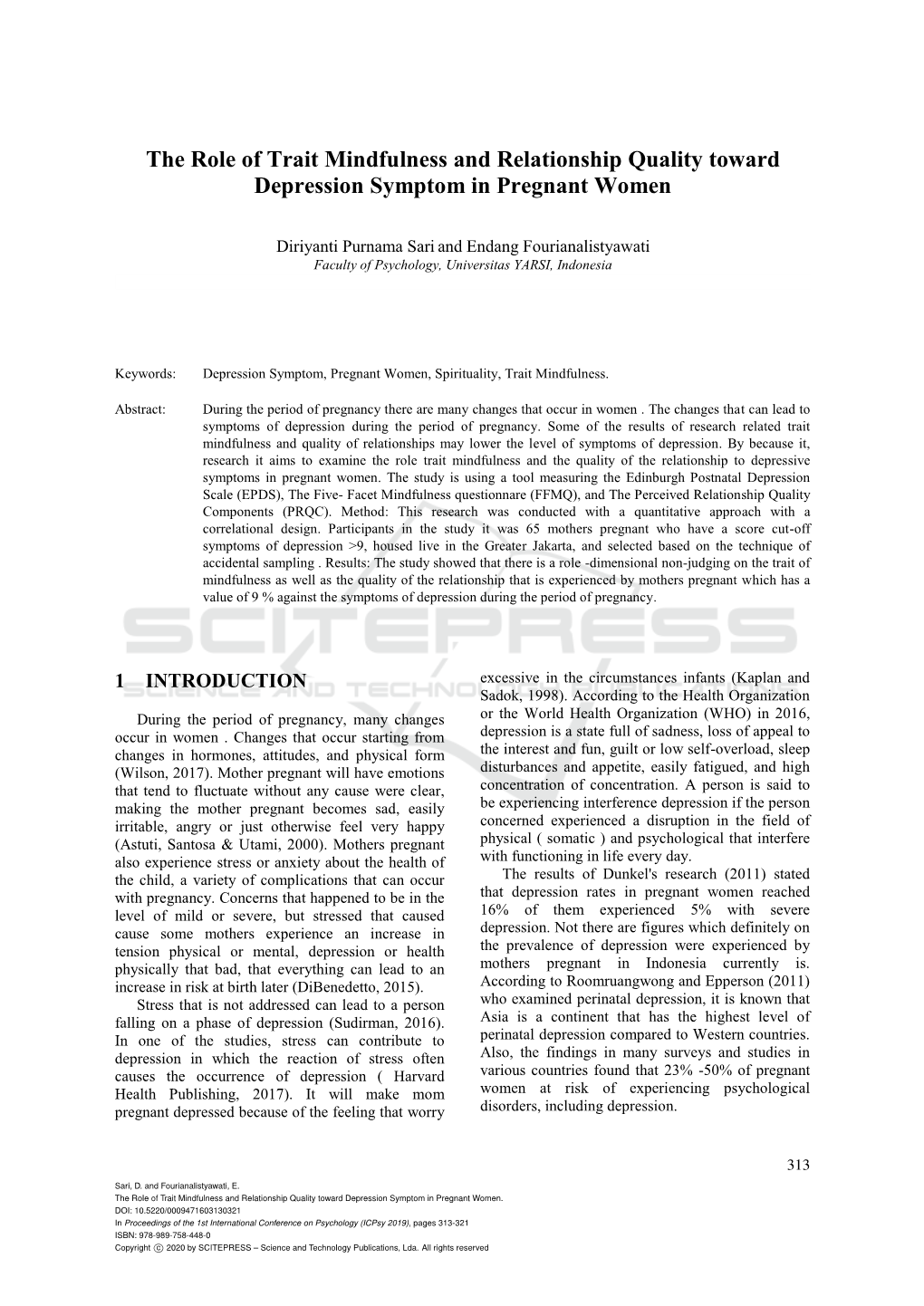 The Role of Trait Mindfulness and Relationship Quality Toward Depression Symptom in Pregnant Women