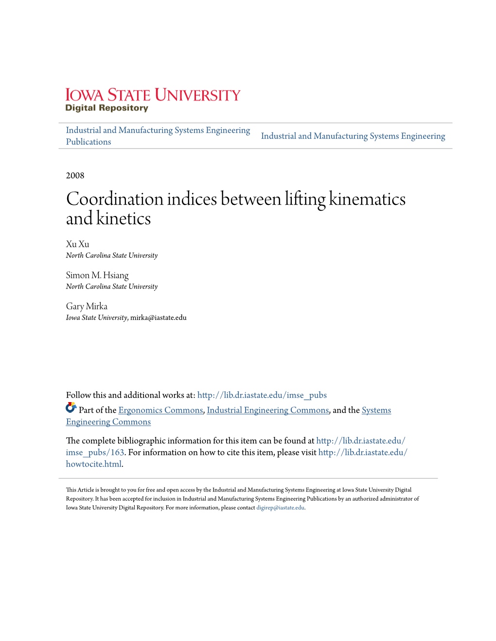 Coordination Indices Between Lifting Kinematics and Kinetics Xu Xu North Carolina State University