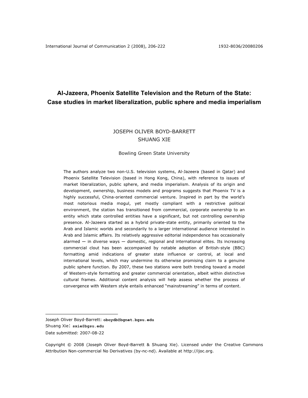 Al-Jazeera, Phoenix Satellite Television and the Return of the State: Case Studies in Market Liberalization, Public Sphere and Media Imperialism