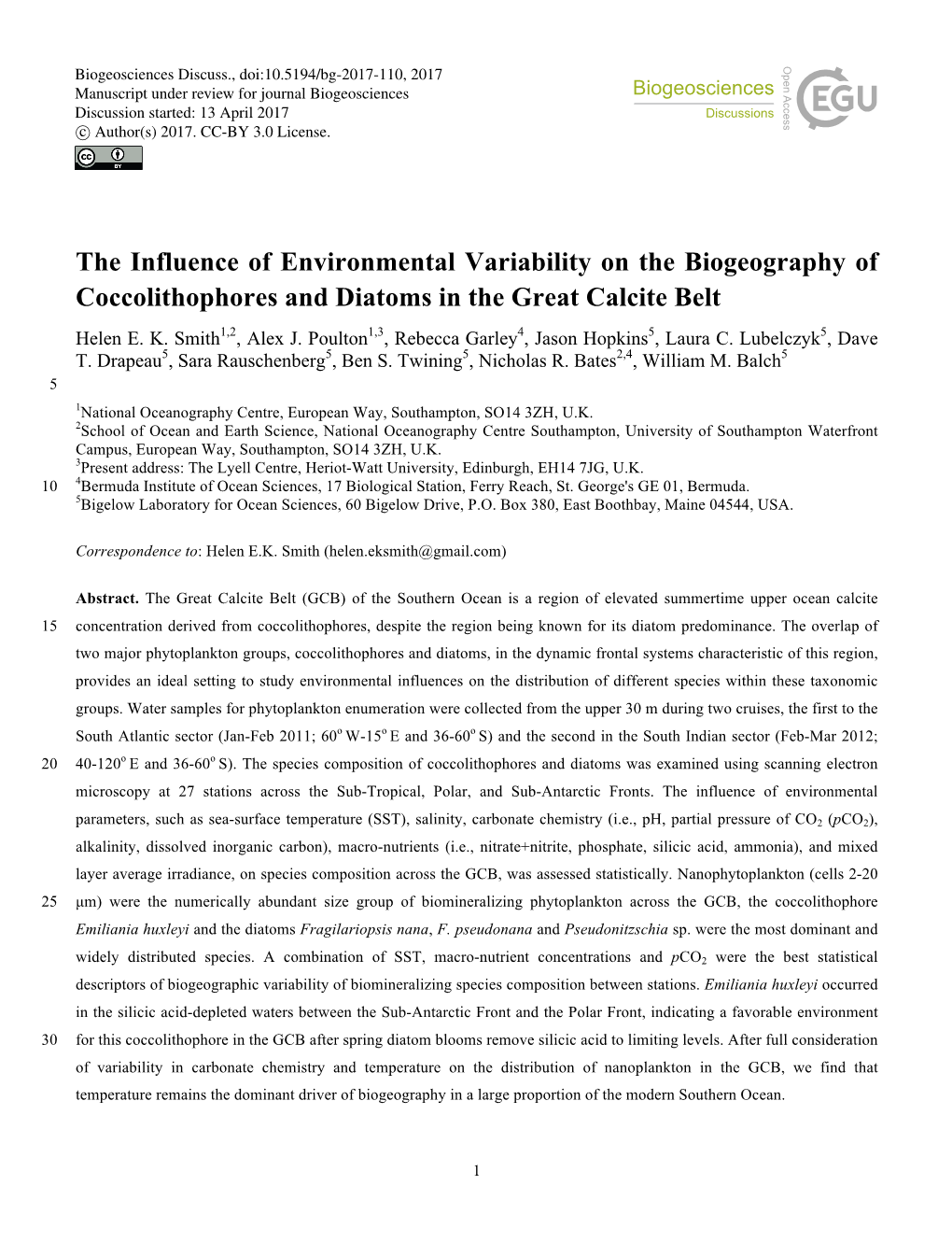 The Influence of Environmental Variability on the Biogeography of Coccolithophores and Diatoms in the Great Calcite Belt Helen E