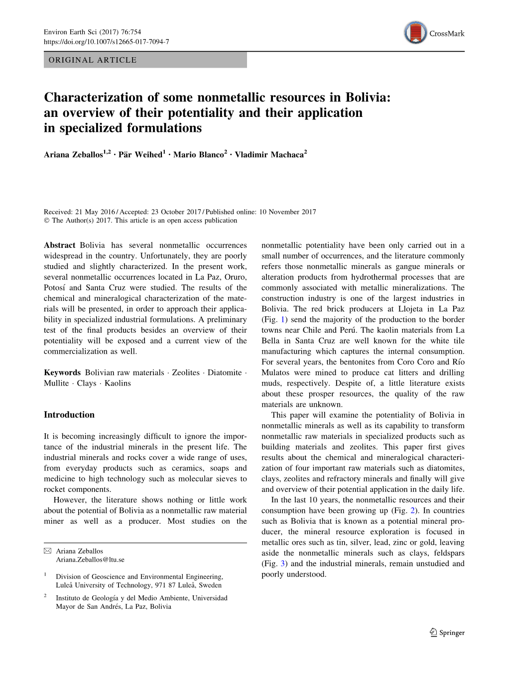 Characterization of Some Nonmetallic Resources in Bolivia: an Overview of Their Potentiality and Their Application in Specialized Formulations