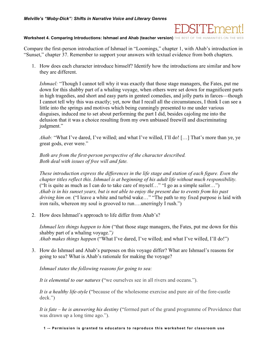 Worksheet 4. Comparing Introductions: Ishmael and Ahab (Teacher Version)