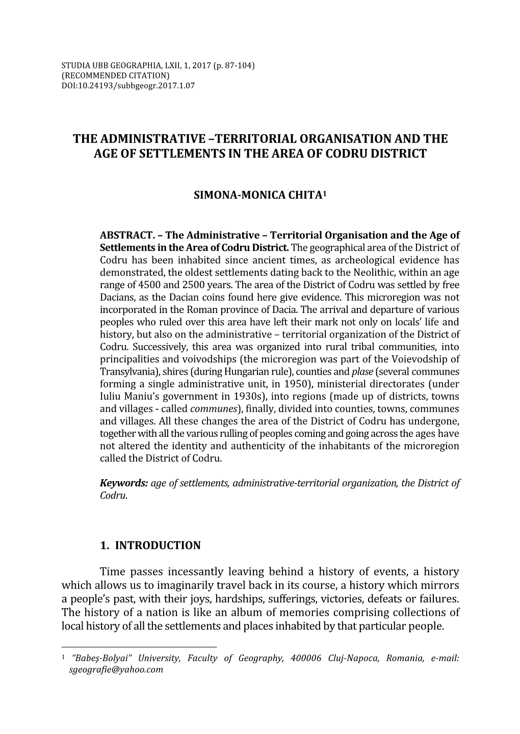 The Administrative –Territorial Organisation and the Age of Settlements in the Area of Codru District