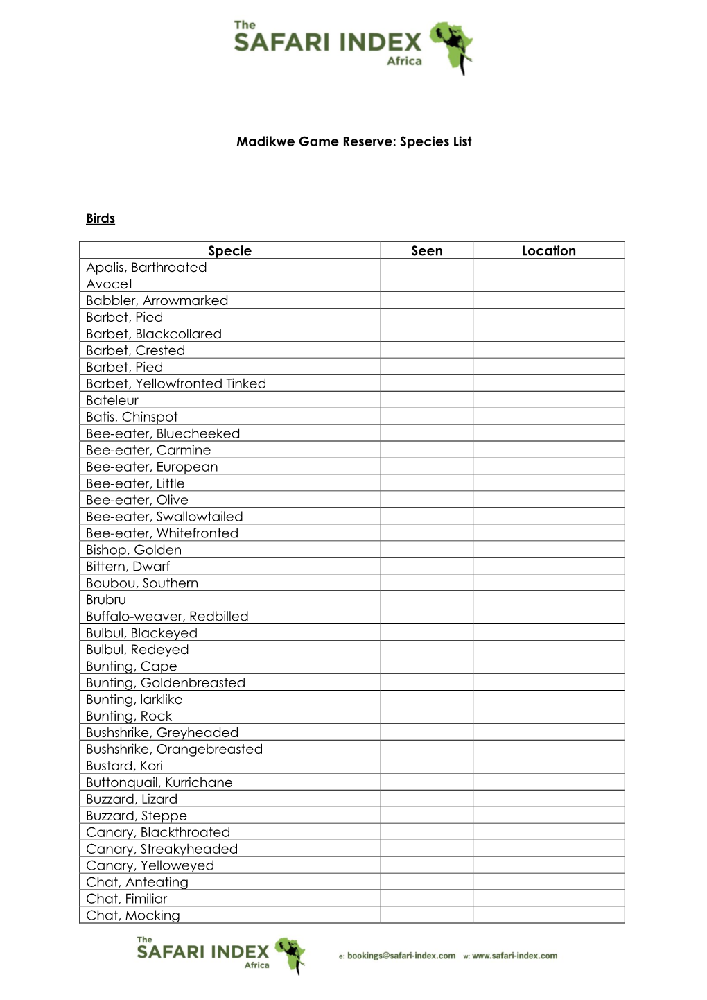 Madikwe Game Reserve: Species List Birds Specie Seen Location Apalis, Barthroated Avocet Babbler, Arrowmarked Barbet, Pied Barbe