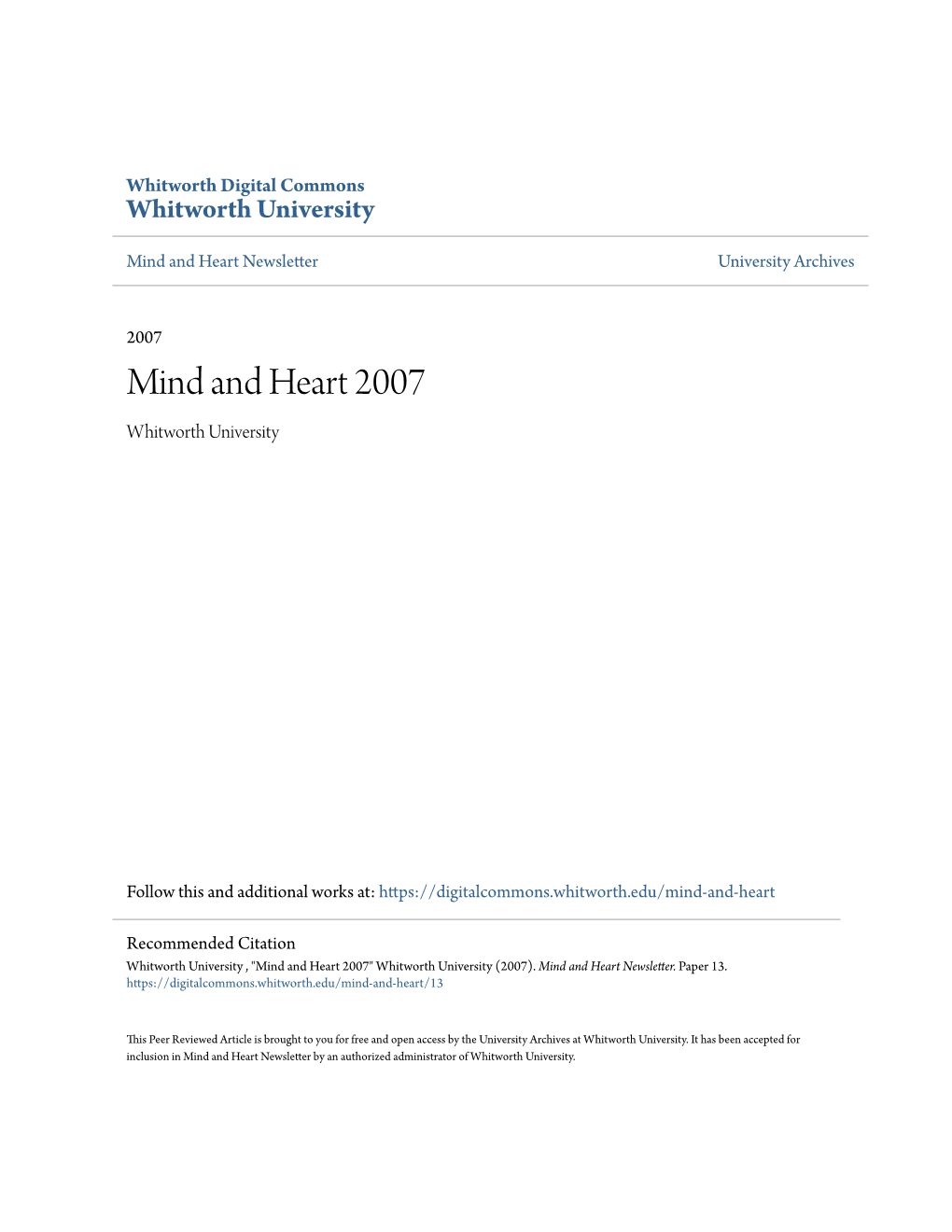 Mind and Heart 2007 Whitworth University