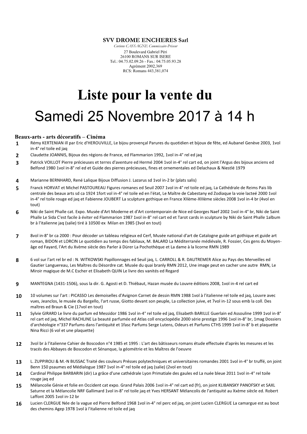 Liste Pour La Vente Du Samedi 25 Novembre 2017 À 14 H