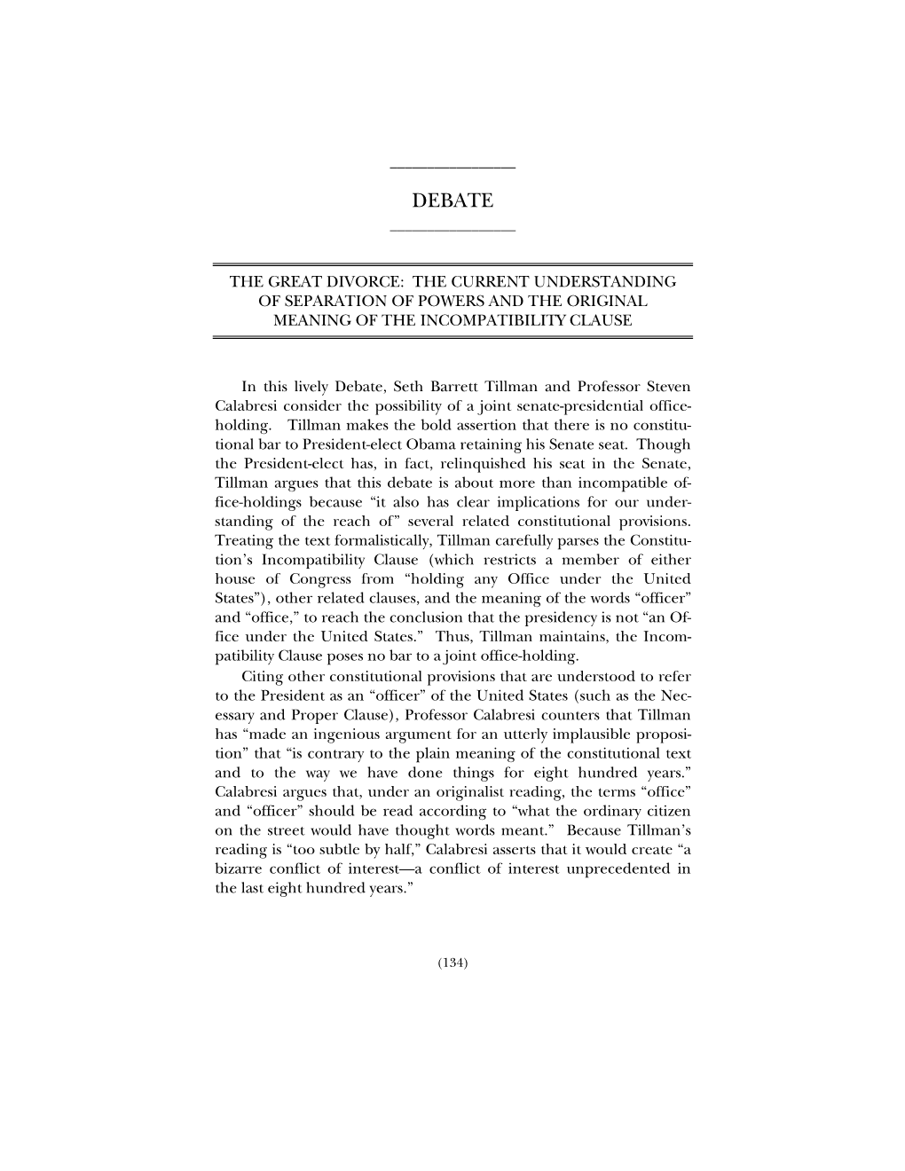 The Great Divorce: the Current Understanding of Separation of Powers and the Original Meaning of the Incompatibility Clause