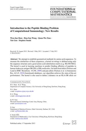 Introduction to the Peptide Binding Problem of Computational Immunology: New Results