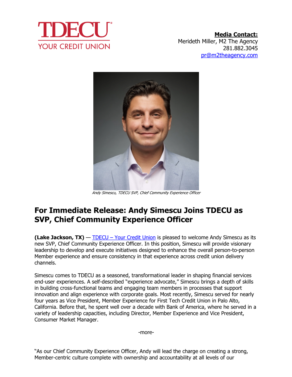 For Immediate Release: Andy Simescu Joins TDECU As SVP, Chief Community Experience Officer