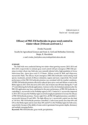 Efficacy of PRE-EM Herbicides in Grass Weed Control in Winter Wheat (Triticum Aestivum L.)