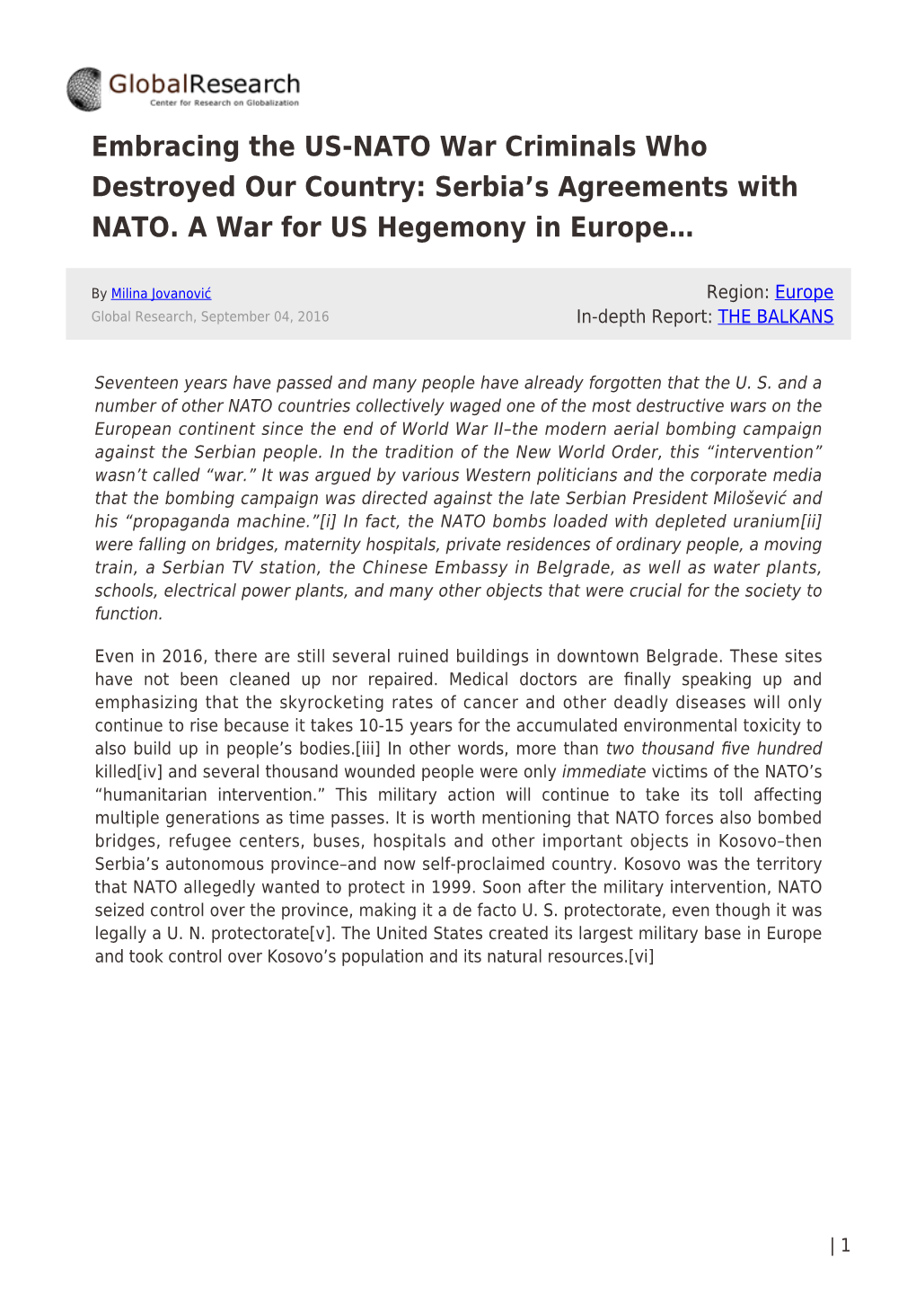 Embracing the US-NATO War Criminals Who Destroyed Our Country: Serbia’S Agreements with NATO