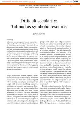 Difficult Secularity: Talmud As Symbolic Resource