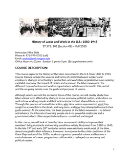 History of Labor and Work in the US: 1880-1945 COURSE DESCRIPTION