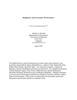 Happiness and Economic Performance