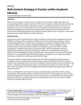 Web Content Strategy in Practice Within Academic Libraries Courtney Mcdonald and Heidi Burkhardt