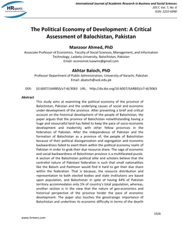 The Political Economy of Development: a Critical Assessment of Balochistan, Pakistan