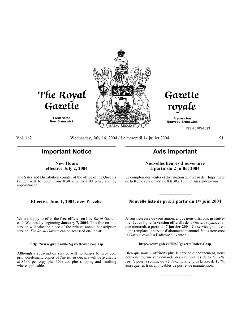 The Royal Gazette Gazette Royale