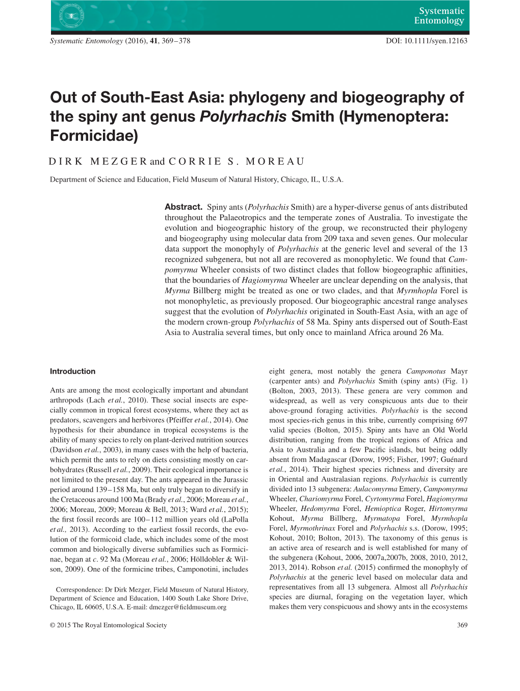 Phylogeny and Biogeography of the Spiny Ant Genus Polyrhachis Smith (Hymenoptera: Formicidae)